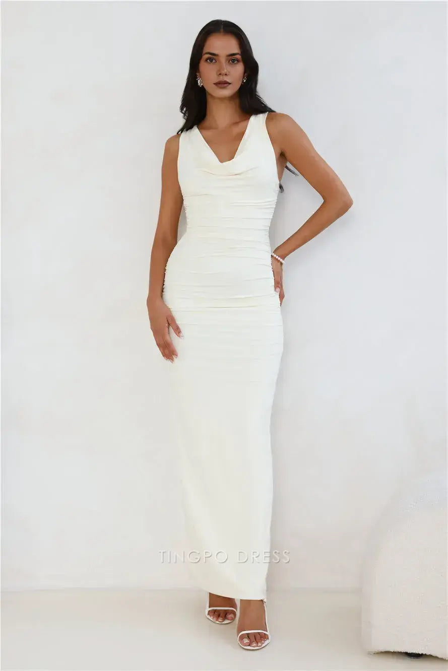 Elegant Cowl Neck Ruched Maxi Dress with Open Back Prom Dress